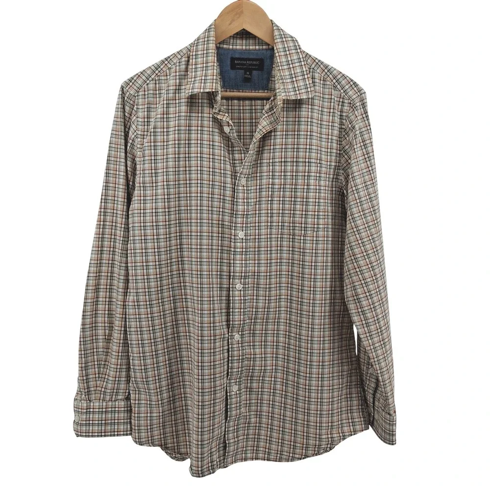 Banana Republic Mens M‎ Slim Fit Soft Wash Plaid Button Down Shirt Brown Green